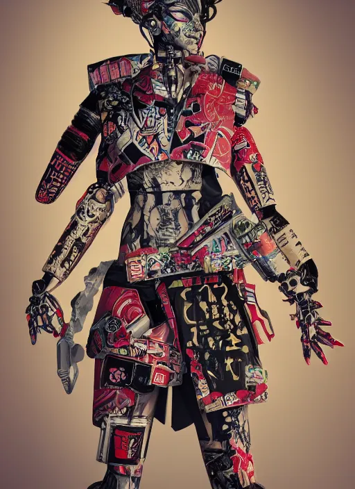 Image similar to full body photo of a punk geisha robot with kanji tattoos and decals wearing a digital pixelated kimono, intricate design, photo - realistic, octane render, ultra fine detailed, character design, trending on artstation