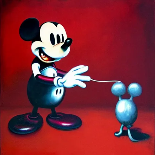 Prompt: mickey mouse screaming, by esao andrews and francis bacon, blood red, oil on canvas, horror, nightmare, surreal