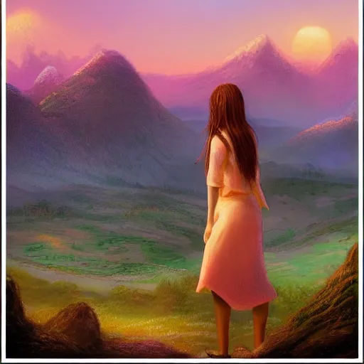 Image similar to highly detailed landscape, scene of natural innate artstation style, artstation form, a girl stood in the blossoming sunset valley, pondering the mountains in the distance. peaceful pastel palette, matte painting