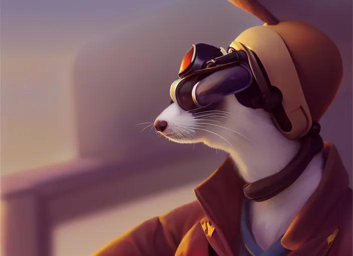 Prompt: character portrait feature of the anthro male anthropomorphic ferret fursona wearing airline pilot outfit uniform professional pilot character design stylized by charlie bowater, ross tran, artgerm, and makoto shinkai, detailed, soft lighting, rendered in octane, airport in background