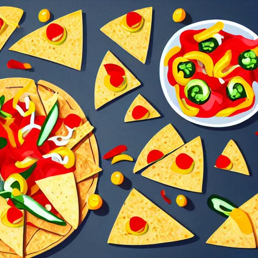 Prompt: photorealistic adobe illustration nachos with cheese and jalapeno illustrations, white background, drawing, cartoon