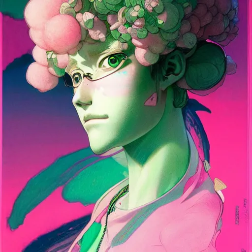 Image similar to prompt : pink and green portrait soft light painted by james jean and katsuhiro otomo and erik jones, inspired by evangeleon anime, smooth face feature, intricate oil painting, high detail illustration, sharp high detail, manga and anime 1 9 9 0