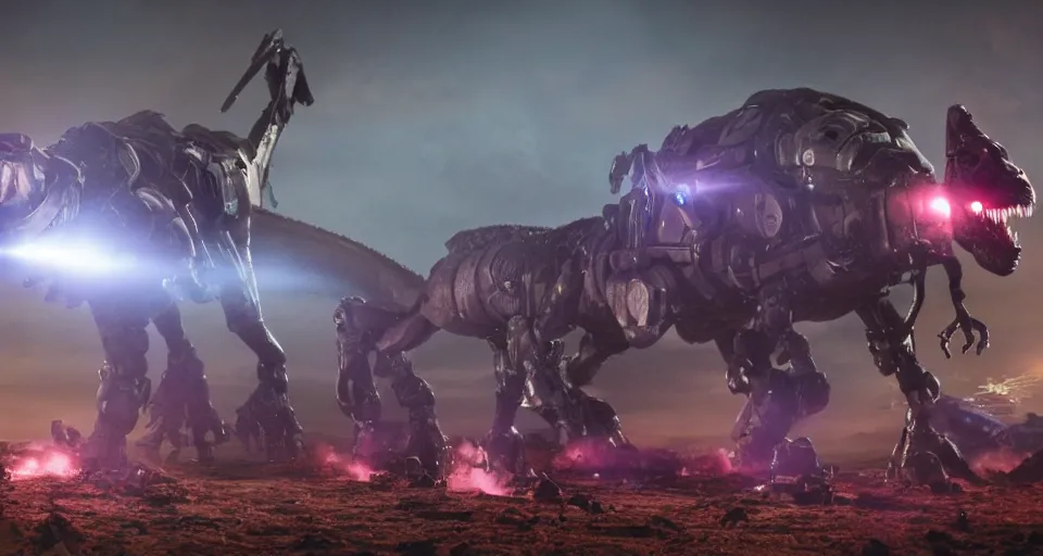 Prompt: movie still of dinosaur mecha robots, atmospheric, purple lasers, beautiful, directed by neil blomkamp, soft lighting, cinematic lighting, film grain, very high detail, dramatic composition,