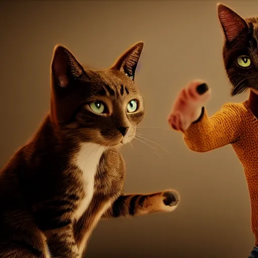 Image similar to two women playing with cats ; photorealistic ; unreal engine