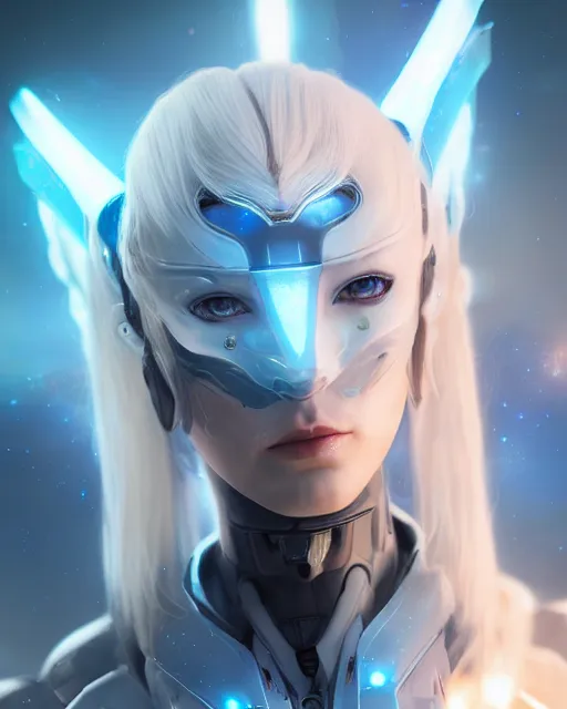 Image similar to perfect android girl on a mothership, warframe armor, beautiful face, scifi, futuristic, galaxy, nebula, raytracing, dreamy, long white hair, blue cyborg eyes, sharp focus, cinematic lighting, highly detailed, artstation, divine, by gauthier leblanc, kazuya takahashi, huifeng huang