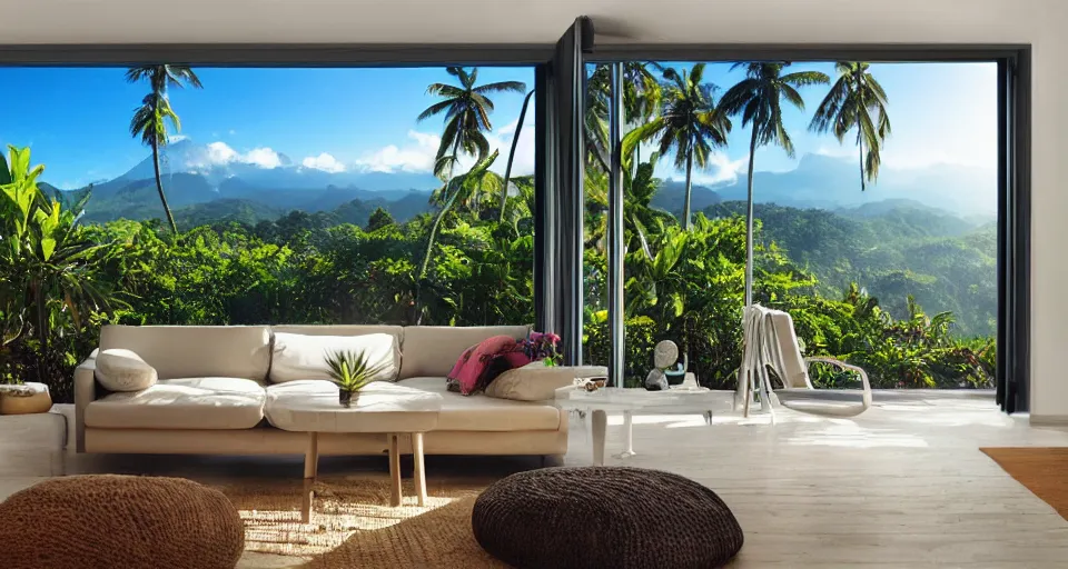 Image similar to big window, mountains in background, cloud forest in background, tropical beach in background, late afternoon, clear sky, living room, furniture, IKEA catalogue, futuristic, ultra realistic, ultra detailed, cinematic light, anamorphic, by Paul Lehr