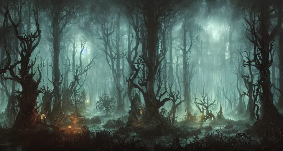 Image similar to A dense and dark enchanted forest with a swamp, by Peter Mohrbacher