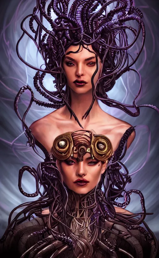 Prompt: An epic fantasy comic book style portrait painting of a very beautiful and intimidating nebulapunk Medusa with symmetrical facial features and lots of cyberpunk and cybernetic bio-luminiscent snakes as hair, awesome pose, centered, full body, vibrant dark mood, unreal 5, hyperrealistic, octane render, cosplay, RPG portrait, Sci-fi, arthouse, dynamic lighting, intricate detail, cinematic, HDR digital painting, 8k resolution, enchanting, otherworldly, sense of awe, award winning picture, Hyperdetailed, blurred background, airbrush, backlight, 3d rim light, Gsociety, trending on ArtstationHQ, maximalist, dreamscape, Rococo, surreal dark art, iridiscent accents, Bokeh, cosmic horror, lovecraftian inspiration, very accurately symmetrical portrait, HD mixed media, highly detailed and intricate