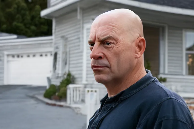 Image similar to movie scene portrait closeup, real life homer simpson in front of house, natural lighting by emmanuel lubezki