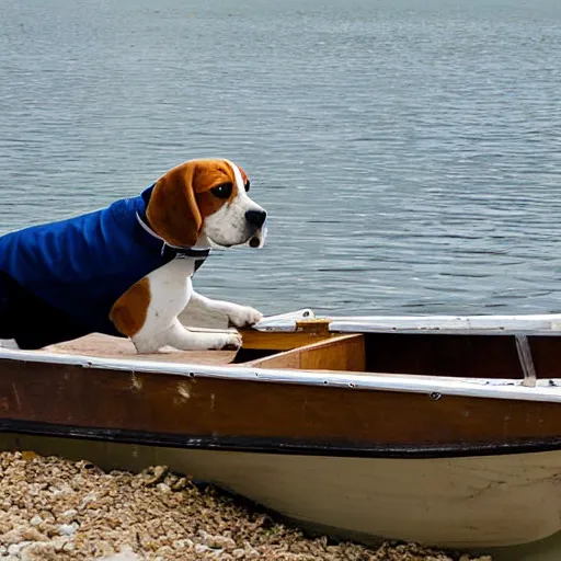 Image similar to a beagle building a boat in a bay