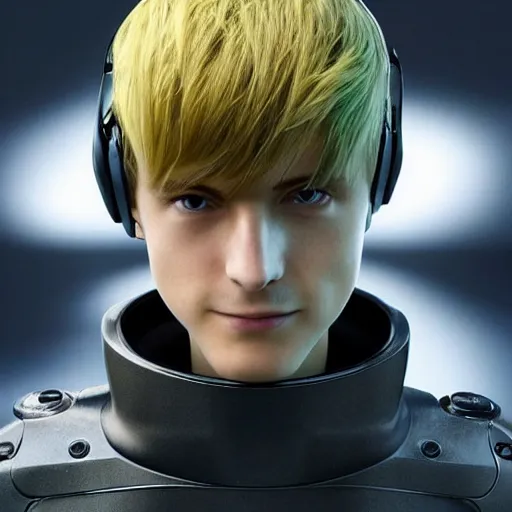 Image similar to “a realistic detailed photo of a guy who is an attractive humanoid who is half robot and half humanoid, who is a male android, twitch streamer Ninja Tyler Blevins, shiny skin, posing like a statue, blank stare”