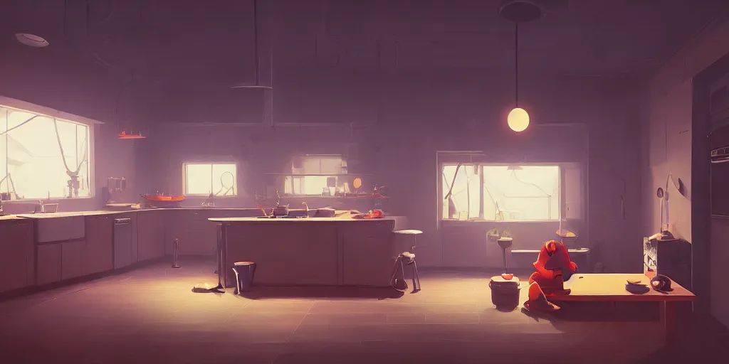 Image similar to minimalistic kitchen dim lit by a candle ripped physique simon stalenhag gerald brom bastien grivet by greg rutkowski, fisheye camera