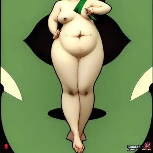 Image similar to a fat male pigeon in a green onepiece body suit, by Range Murata and Mucha