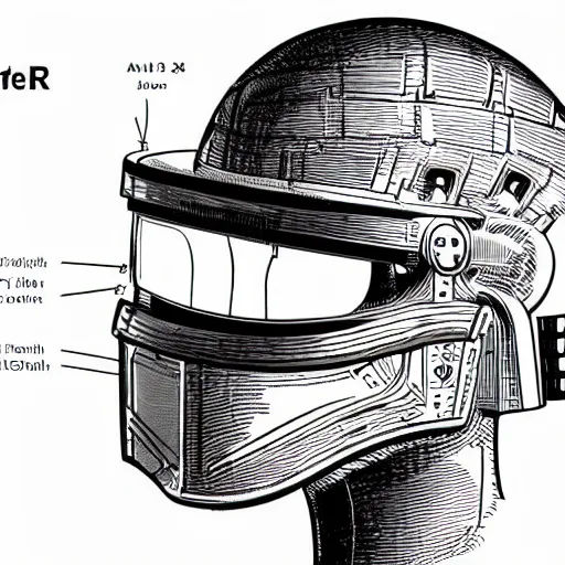 Image similar to a patent drawing of an intricate detailed vr headset from the future in the shape of a medieval knight helmet, extremely detailed alien technology vr!!! headset, with arrows and side angels