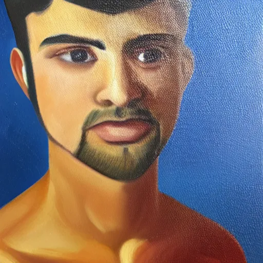 Prompt: oil painting of a persian - looking guy in his mid - 2 0 s standing on all fours, farting