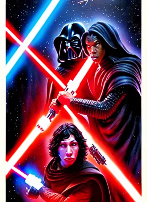 Image similar to movie poster for the new star wars movie, kylo ren fights jar jar binks, by drew struzan