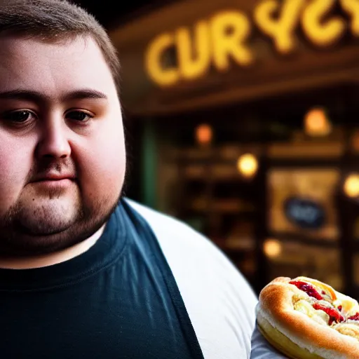 Prompt: Close up portrait of a chubby man with a bakery the background. Photorealistic. Award winning. Dramatic lighting. Intricate details. UHD 8K. He looks guilty.