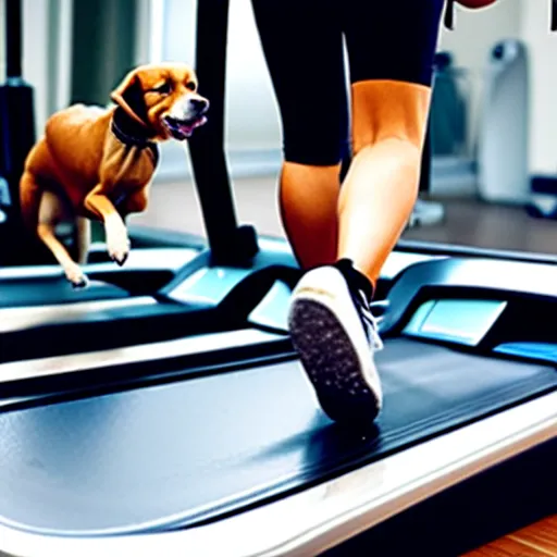 Image similar to A woman walking on a treadmill with her dog walking on a smaller treadmill next to her