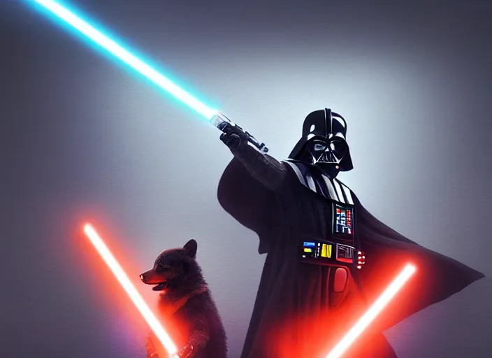 Image similar to a Photorealistic dramatic hyperrealistic render of darth vader with lightsaber drawn facing off against a calm cute corgi in battle, futuristic star wars vibe, by WLOP and Artgerm and Greg Rutkowski and Alphonse Mucha, Beautiful dynamic dramatic dark moody lighting, shadows, cinematic atmosphere, Artstation, concept design art, Octane render, 8K, masterpiece, sharp focus