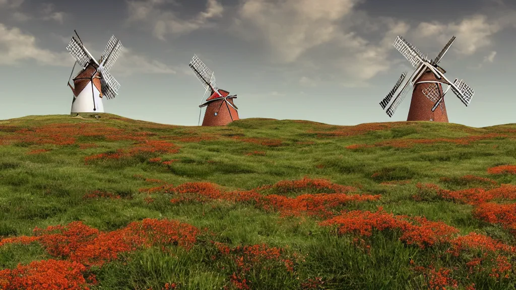 Prompt: A floating island in the sky with fences and bushes on the edge of the island with a windmill, the windmill has worn looking red and white horizontal stripes, the background is cloudy with the sun peaking through, an orange red light highlights the back of the island and windmill, realistic, 4k resolution, 8k resolution, HD Quality, highly detailed, very detailed, detailed, digital art, trending on artstation, in the style of Jamie Hewlett