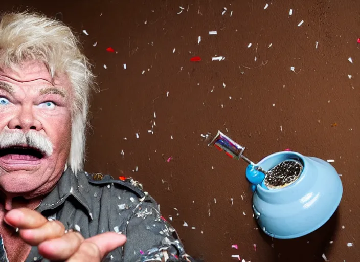 Prompt: photo still of rip taylor in a jail cell!!!!!!!! at age 5 4 years old 5 4 years of age!!!!!!! throwing confetti from a bucket, 8 k, 8 5 mm f 1. 8, studio lighting, rim light, right side key light