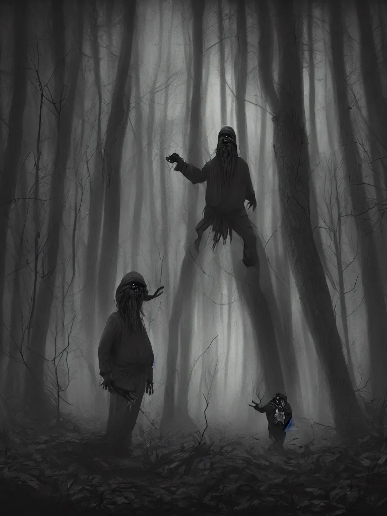 Image similar to creepy mutated old man hiding in a dark forest, digital black and white painting by oleg vdovenko, chuvabak, maxim verehin, flash photography, trending on artstation, character painting, digital illustration, flashlight photography