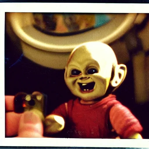 Prompt: old polaroid photo of first contact with the screaming chucky doll