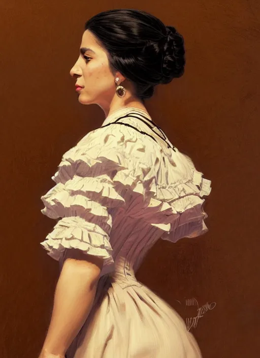 Image similar to 3 / 4 view of a portrait of a hispanic woman in victorian clothing, confident pose, intricate, elegant, sharp focus, illustration, highly detailed, concept art, matte, trending on artstation, anime, art by james jean and artgerm and brian despain and alberto mielgo, greg rutkowski, wlop, ilya kuvshinov, strong strokes