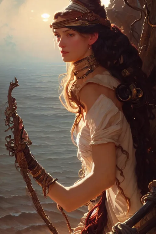 Prompt: sargent and leyendecker and greg hildebrandt highly detailed portrait of a woman with long hair, pirate queen, stephen bliss, unreal engine, by greg rutkowski, loish, ferdinand knab, ilya kuvshinov, rossdraws, tom bagshaw, alphonse mucha, global illumination, radiant light, detailed and intricate environment