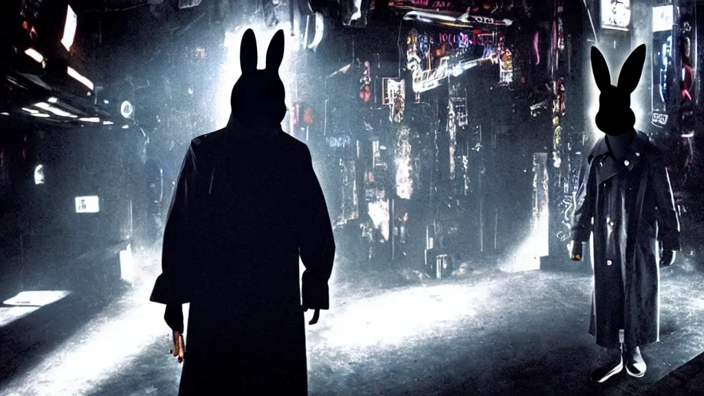 Image similar to a man in a trench coat wearing a black rabbit mask standing in a cyberpunk club on the dance floor , film still from the an anime directed by Katsuhiro Otomo with art direction by Salvador Dalí, wide lens