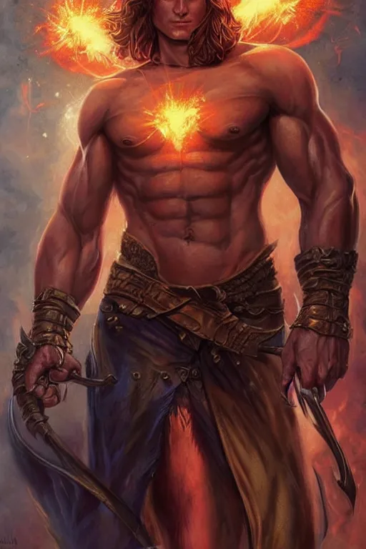 Prompt: torso close - up and and face portrait of pretty muscular sam winchester as a warrior mage spellcasting fireballs, muscular body tattooed, d & d!, fantasy style, sharp focus!, ultra detailed, art by artgerm and peter andrew jones, wlop