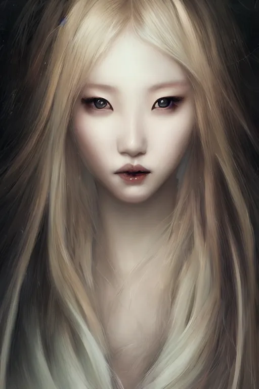 Prompt: photograph of a beautiful blonde korean girl, exquisite detail, hyper realism, ornate, art by Charlie Bowater, voluptuous, exquisite detail, masterpiece, cute face, goth girl aesthetic,