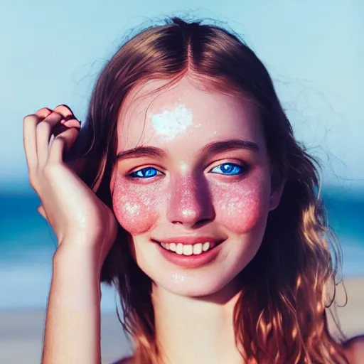 Image similar to portrait of a cute thin young woman, red blush, cute freckles, smug smile, modern clothes, relaxing on the beach, golden hour, close up shot, soft focus, 8 k, art by irakli nadar, hyperrealism, hyperdetailed, ultra realistic