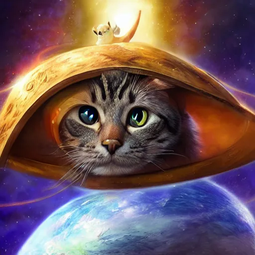 Image similar to fantasy cat with a helmet floating in space, high detail, fantasy art, concept art, 4 k, ultra detail, computer art