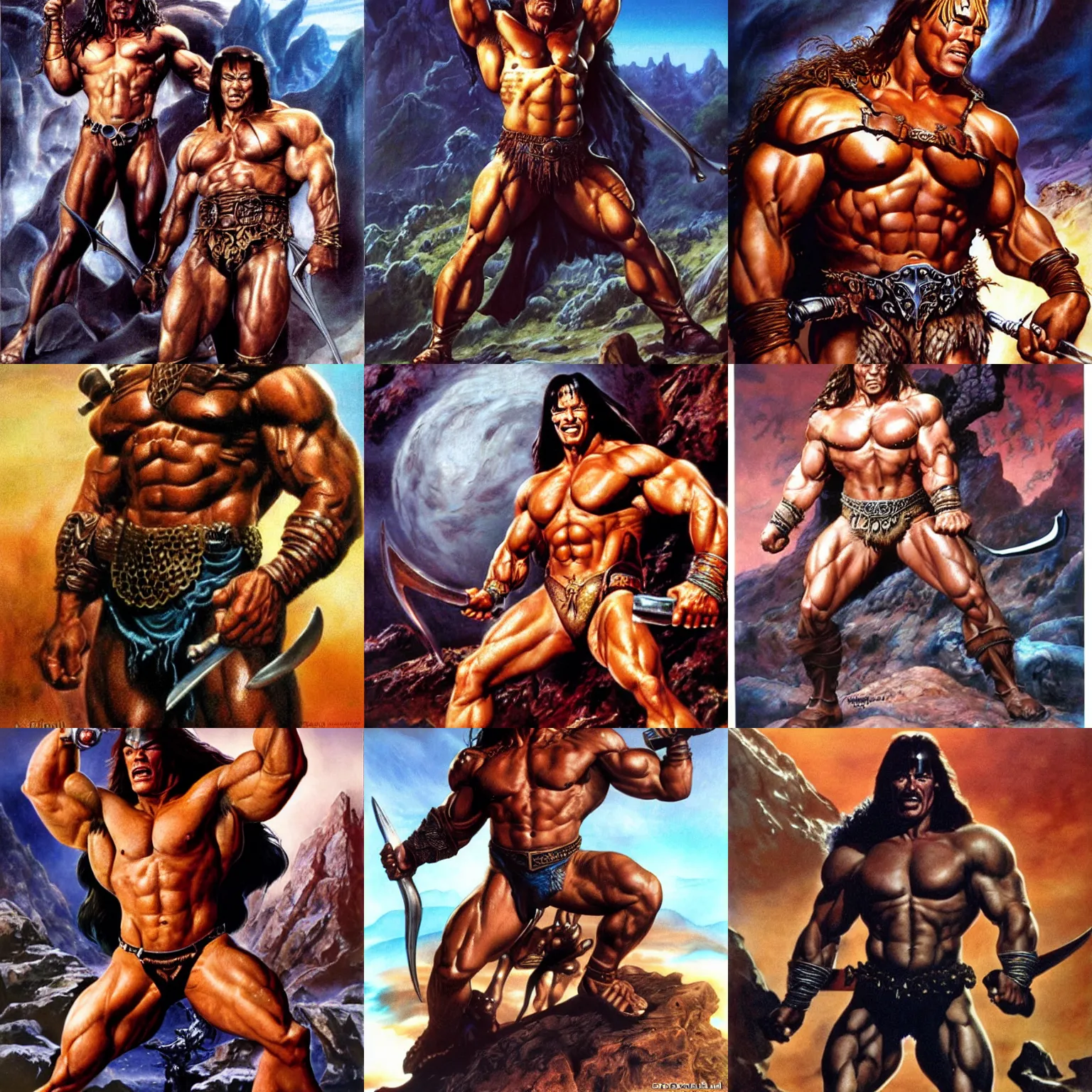 Prompt: arnold schwarzenegger is conan the barbarian by boris vallejo, julie bell, luis royo, frank frazetta