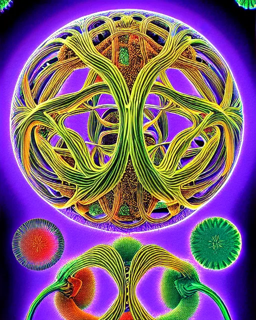 Image similar to stem cells, close up details, drawn by Ernst Haeckel, colorful, beeple rendering