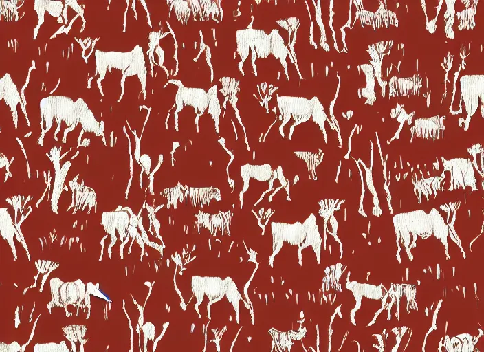 Prompt: painted pattern which figures of ancient hunters mammoths and vw buses siluets, rock cave painting, red ocher, finger painting