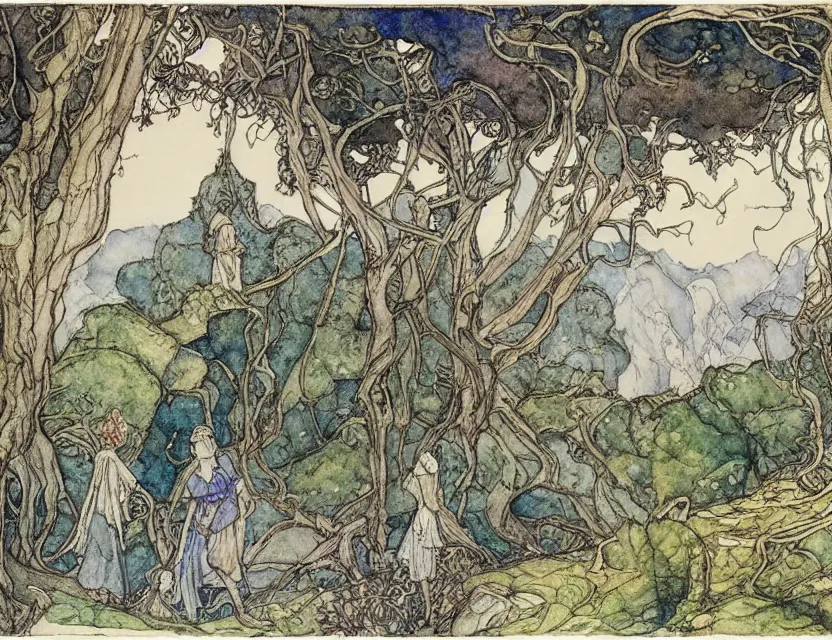 Image similar to a detailed, intricate watercolor and ink illustration with fine lines of the view from the river of an art nouveau rivendell, by arthur rackham and edmund dulac and lisbeth zwerger