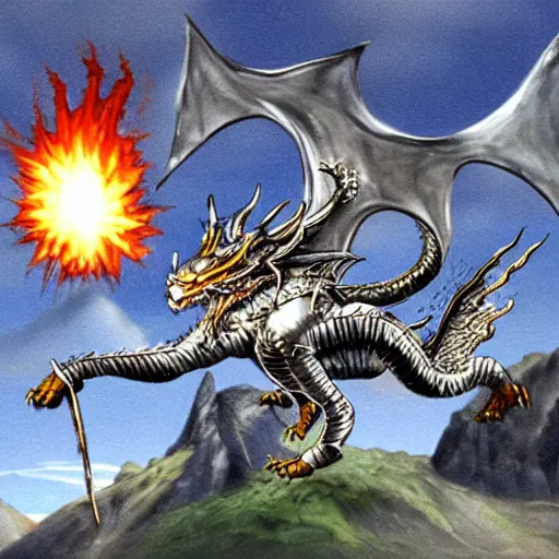 Prompt: a silver dragon wearing jackpack throwing a bomb into the mountain