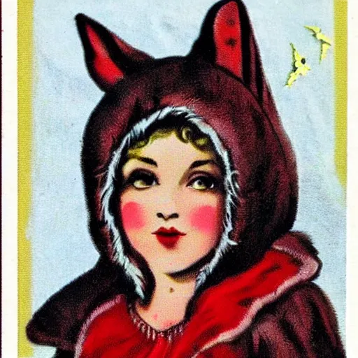 Image similar to little red riding hood wearing a luxurious fur coat with a wolf head hood, vintage Halloween postcard