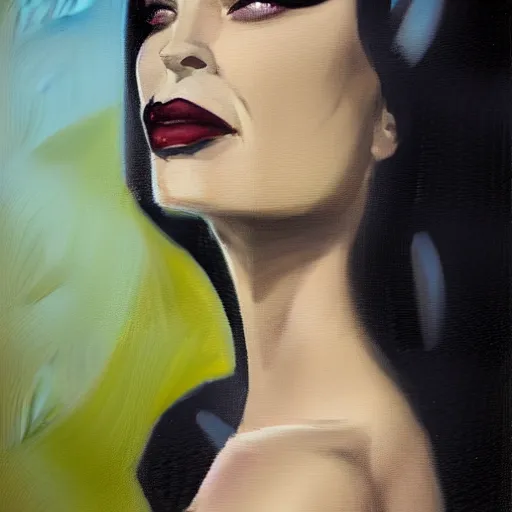 Image similar to greg manchess portrait painting of morticia from addams family as overwatch character, medium shot, asymmetrical, profile picture, organic painting, sunny day, matte painting, bold shapes, hard edges, street art, trending on artstation, by huang guangjian and gil elvgren and greg rutkowski