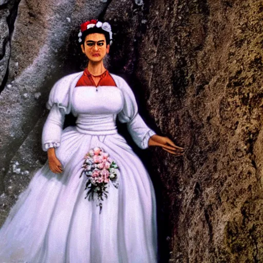 Prompt: Ultra realistic close-up of Frida Kahlo in a wedding dress rock climbing a steep wall, hd