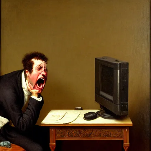 Image similar to an angry man yells at his computer monitor, oil on canvas, 1 8 8 3, highly detailed