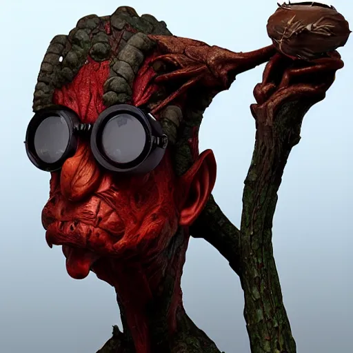 Prompt: Octane render, maya, zbrush, wacom, digital dark fantasy portrait of a wood goblin with shiny red goggles and a twig in his mouth, featured on DeviantArt.com