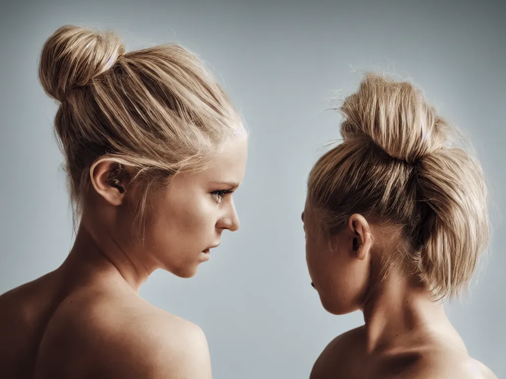 Image similar to photorealistic head and shoulders photo of beautiful blonde girl with messy bun facing away from the camera, 3 5 mm, confident, tattoos, octane render, bokeh, 4 k, fashion pose, cinematic, national geographic photo shoot,