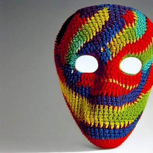 Prompt: multicolored crocheted mask, 1 9 8 0 s catalogue photo