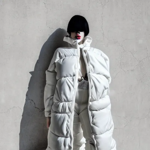 Image similar to well lit fashion shoot portrait of extremely beautiful female marble statue wearing huge over size puffer jacket by dingyun zhang, yeezy, balenciaga, vetements, a cold wall, sharp focus, clear, detailed,, cinematic, detailed, off white, glamourous, symmetrical, vogue, editorial, fashion, magazine shoot, glossy