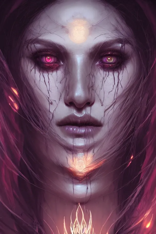 Image similar to Necromancer Sorceress face close-up macro in center, fantasy magic, undercut hairstyle, dark light night, intricate, elegant, sharp focus, illustration, highly detailed, digital painting, concept art, matte, art by WLOP and Artgerm and Greg Rutkowski and Alphonse Mucha, masterpiece