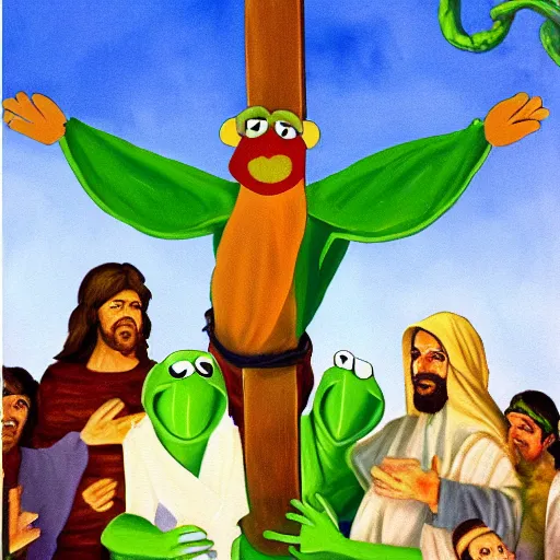 Prompt: Painting of Kermit the Frog from Sesame Street as Jesus Christ being crucified