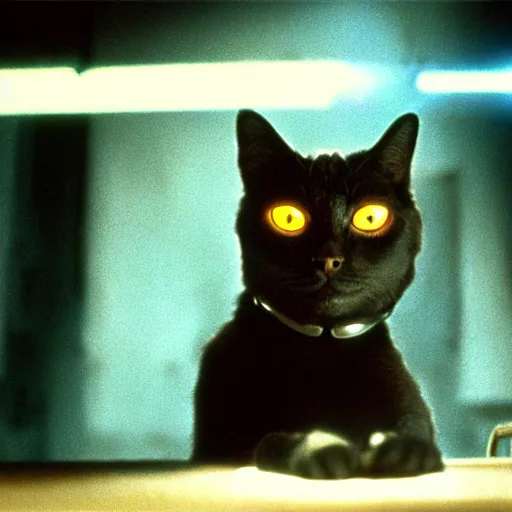 Prompt: a still of a cat as the terminator ( 1 9 8 4 ), glowing eyes metallic